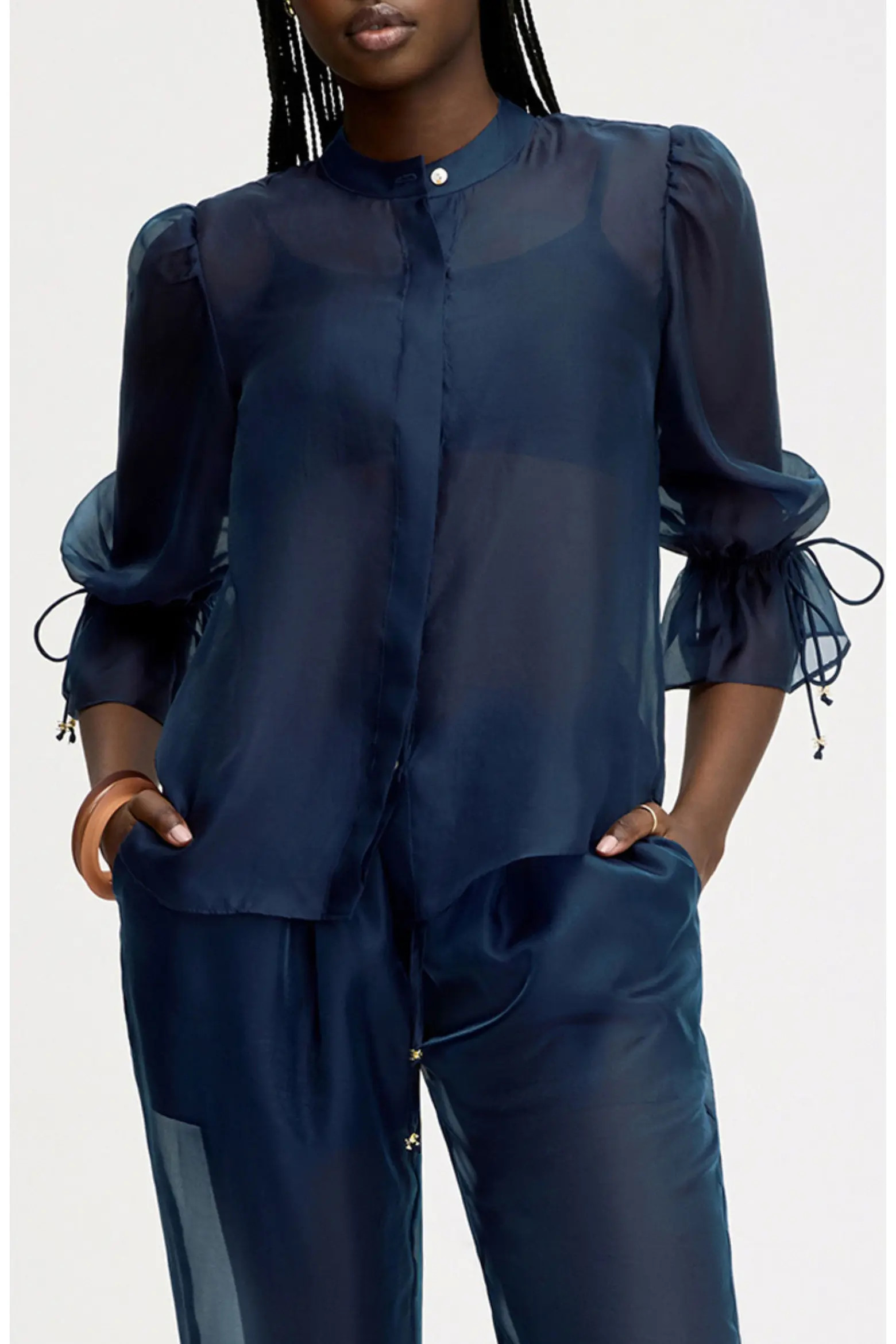 Semi Sheer Button-Up Tie Cuff Top (Women) | Nordstrom | Nordstrom