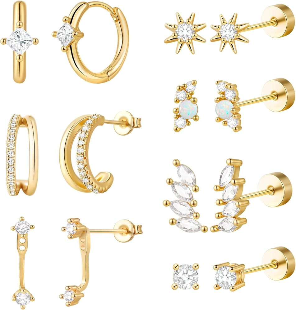 Gold Flat Back Stud Earrings Stacks Hypoallergenic Cartilage Earrings for Women,7 Pairs 20G Lobe ... | Amazon (US)
