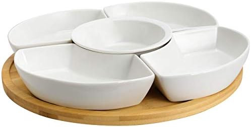 Elama Ceramic Stoneware Condiment Appetizer Set, 6 Piece, Compartment Round in White and Natural ... | Amazon (US)