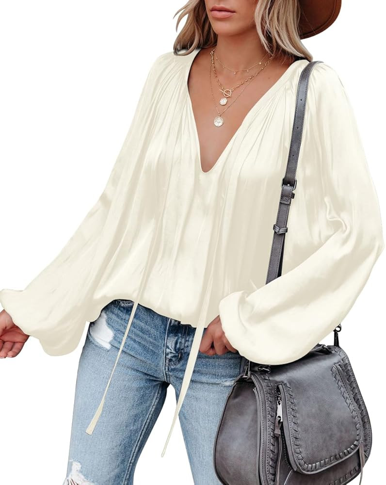 LAMISSCHE Womens Sexy Deep V Neck Blouse Lantern Long Sleeve Chiffon Shirt Oversized Drawstring S... | Amazon (US)