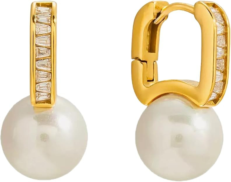 Pearl Drop Earrings for Women – Gold Tone Hoop Earrings with Simulated Pearl & Crystal Accents,... | Amazon (US)