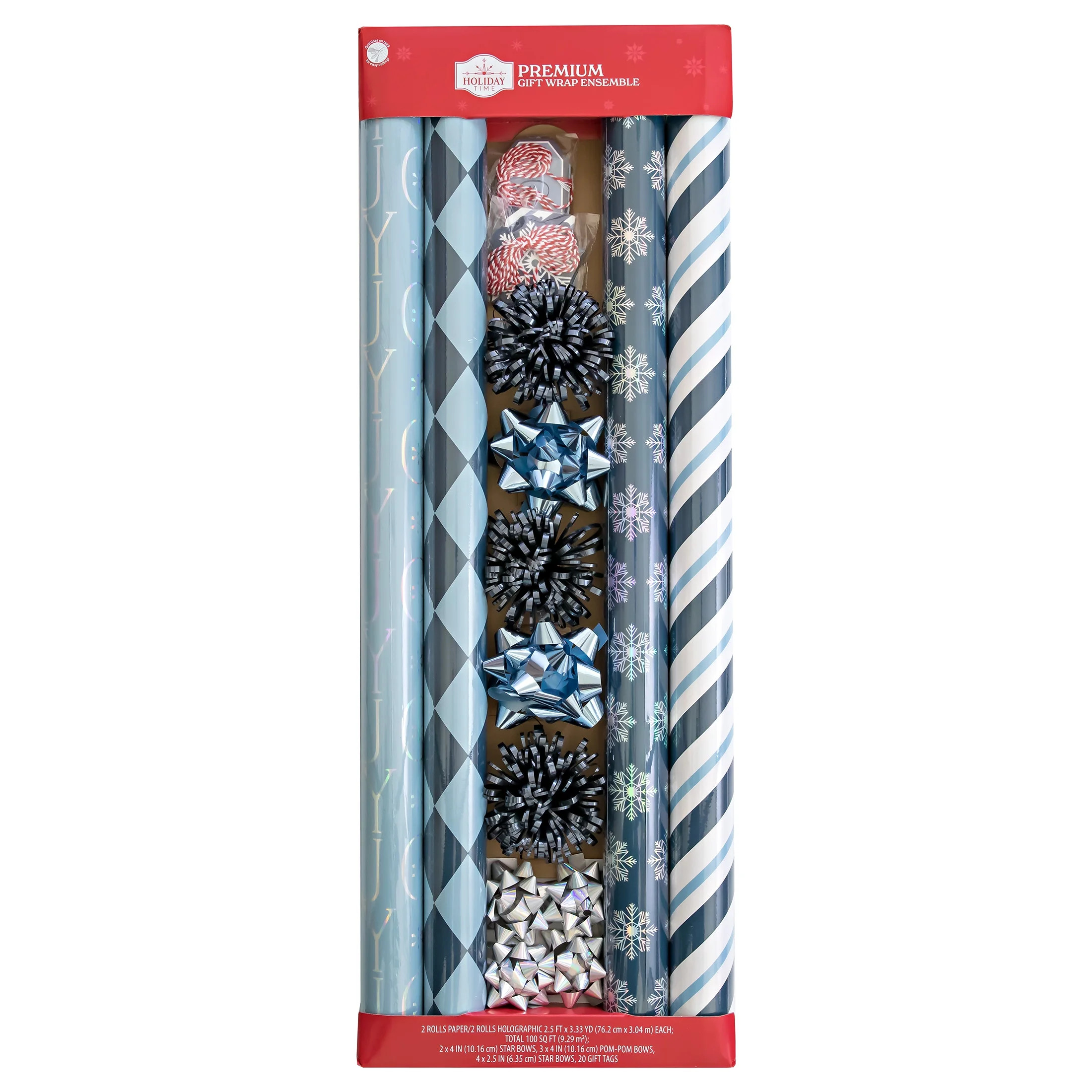 Holiday Time Premium Blue and Silver Christmas Wrapping Paper Kit, 100 Sqft, 33 Pieces | Walmart (US)