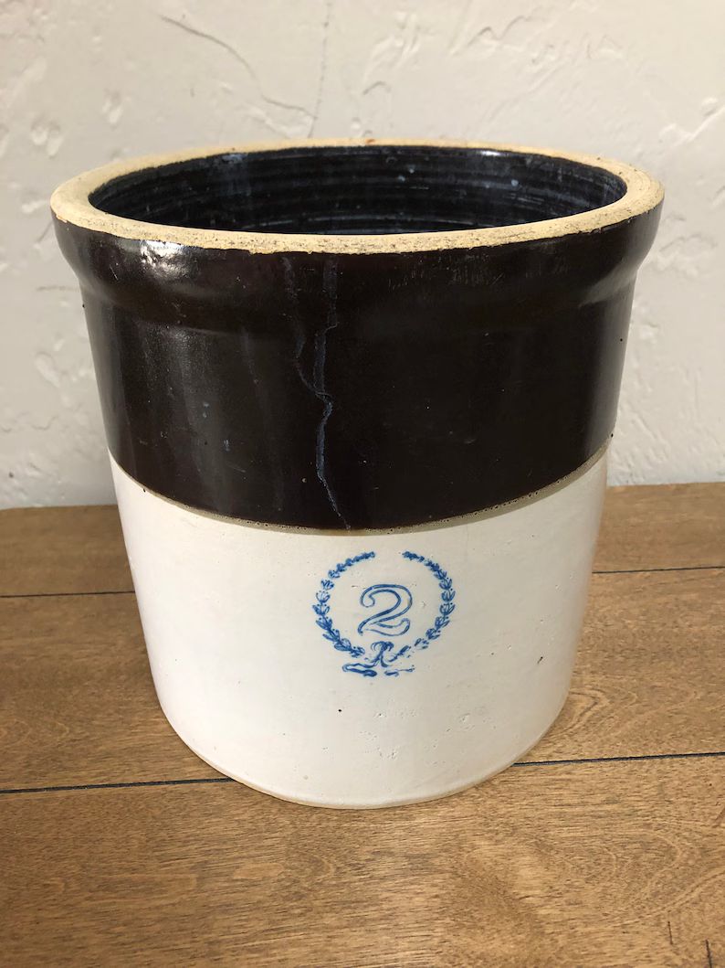 RARE 2-Gallon Brown and Beige Stoneware Crock with Blue #2 Mark within Wreath on the Front, Antiq... | Etsy (US)