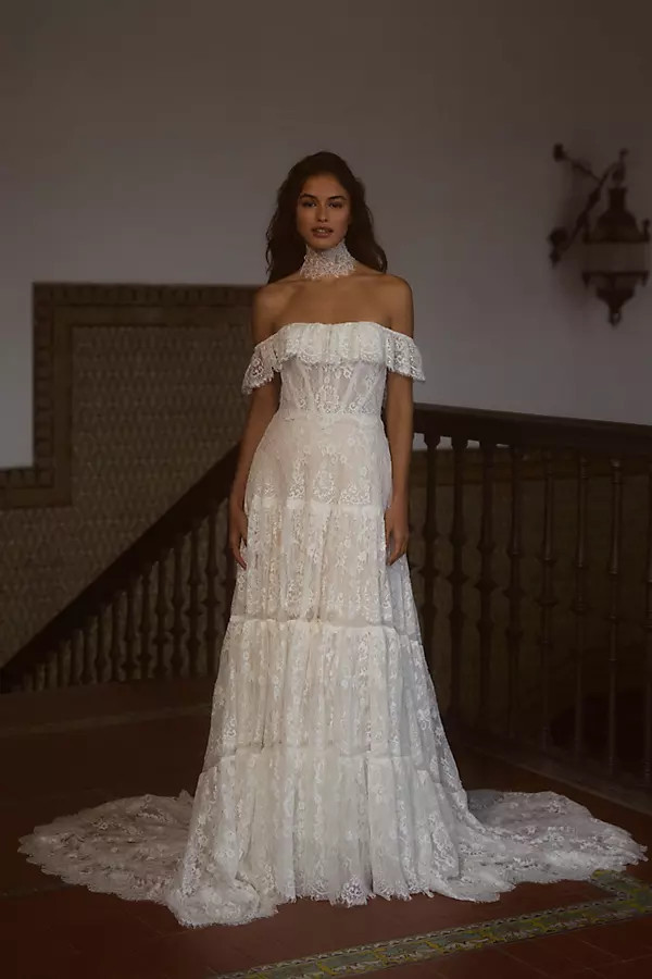 Lauren Square-Neck A-Line Tiered Lace Wedding Gown | Anthropologie (US)