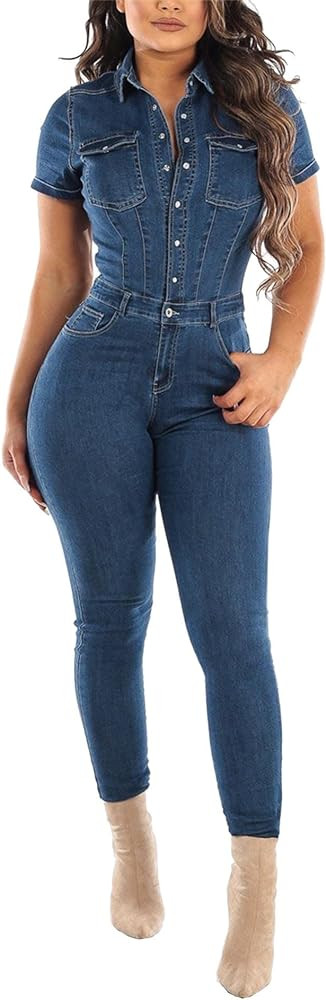 ECDAHICC Women’s Sexy Short Sleeve Night Club Denim Jumpsuits Rompers Mini Shorts One Piece Str... | Amazon (US)