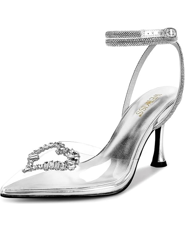 wetkiss Silver Heels for Women Dress Shoes Wedding Shoes for Bride Silver Rhinestone Heels for Wo... | Amazon (US)