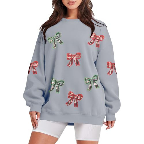 Christmas Sweatshirts for Women Bowknot Christmas Tree Graphic Sweatshirt Xmas Long Sleeve Crewneck Pullover Tops A-grey | Amazon (US)