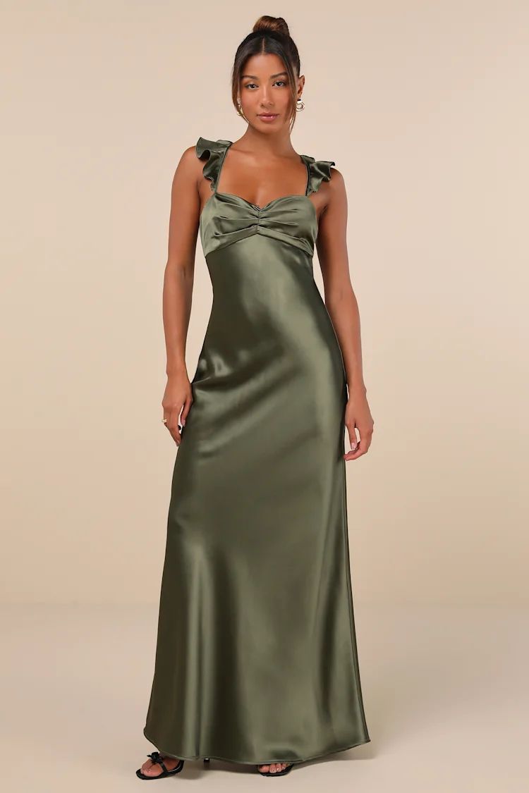 Exuberant Luxury Olive Green Satin Ruffled Lace-Up Maxi Dress | Lulus