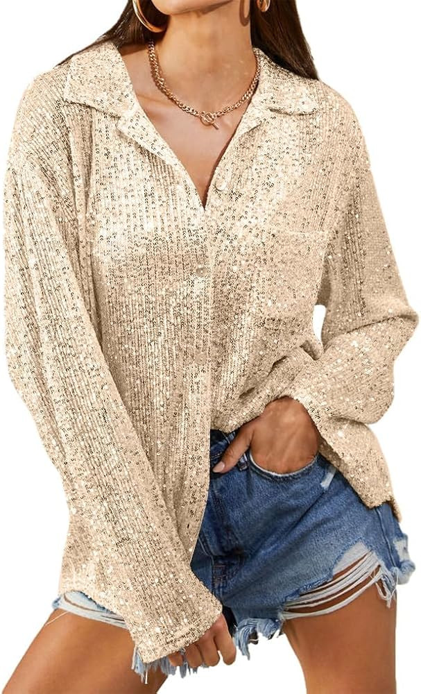 Sequin Button Front Shirt Silver Sequin Tops for Women Sparkly Long Sleeve Shirt Women’s Dinner... | Amazon (US)