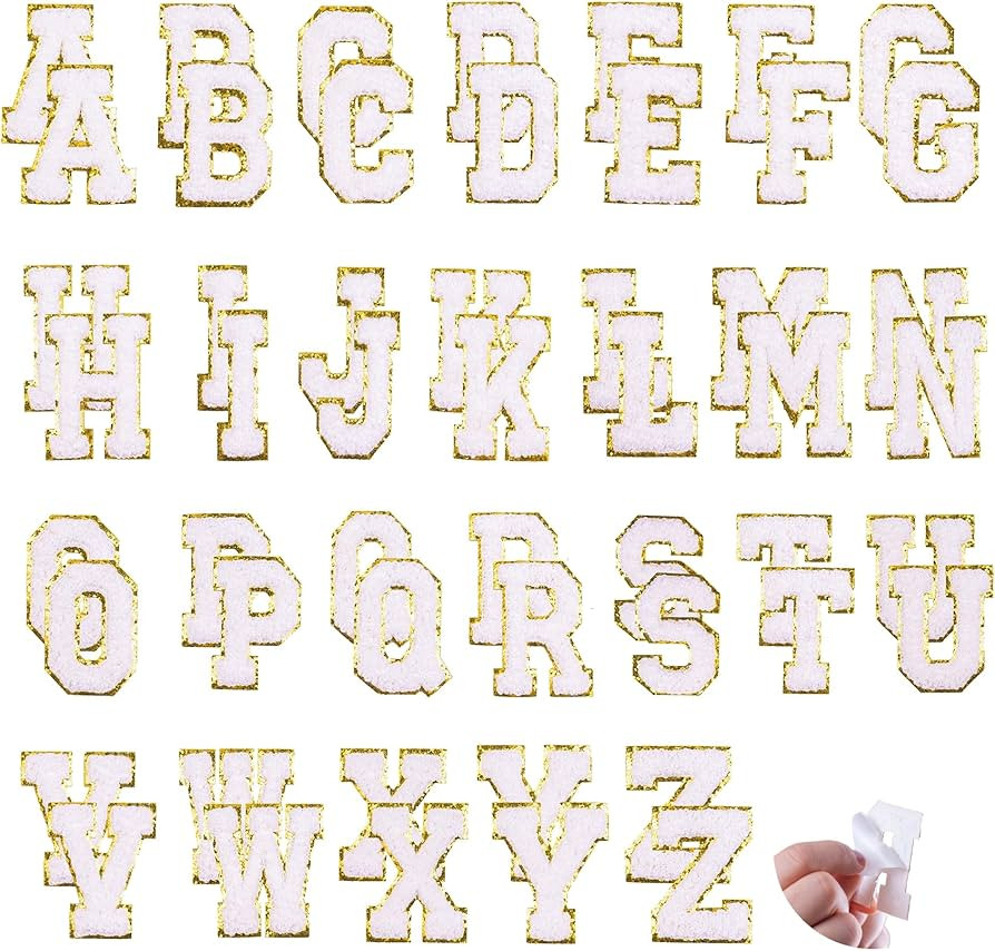 52PCS White Chenille Letter Patches Self Adhesive - Varsity Style Gold Trim Letter Patches for Ja... | Amazon (US)