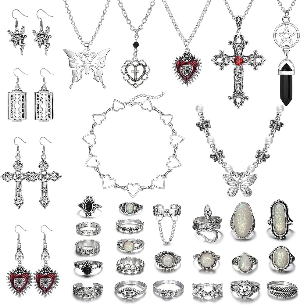 Subiceto 33Pcs Grunge Vintage Punk Necklace Jewelry Set Gothic Earrings Fairy Butterfly Boho Crys... | Amazon (US)
