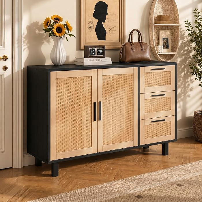 47" Black Rattan Sideboard Buffet Cabinet, Coffee Bar Cabinet with Storage, 3 Drawers and 2 Doors... | Amazon (US)