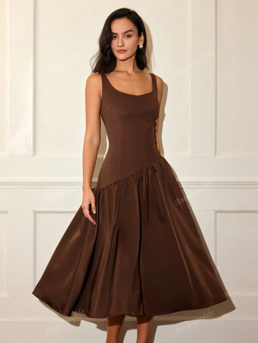 Women's Solid Color Sleeveless Dress, Fashionable & Elegant Casual Patchwork Style Old Money Grad... | SHEIN