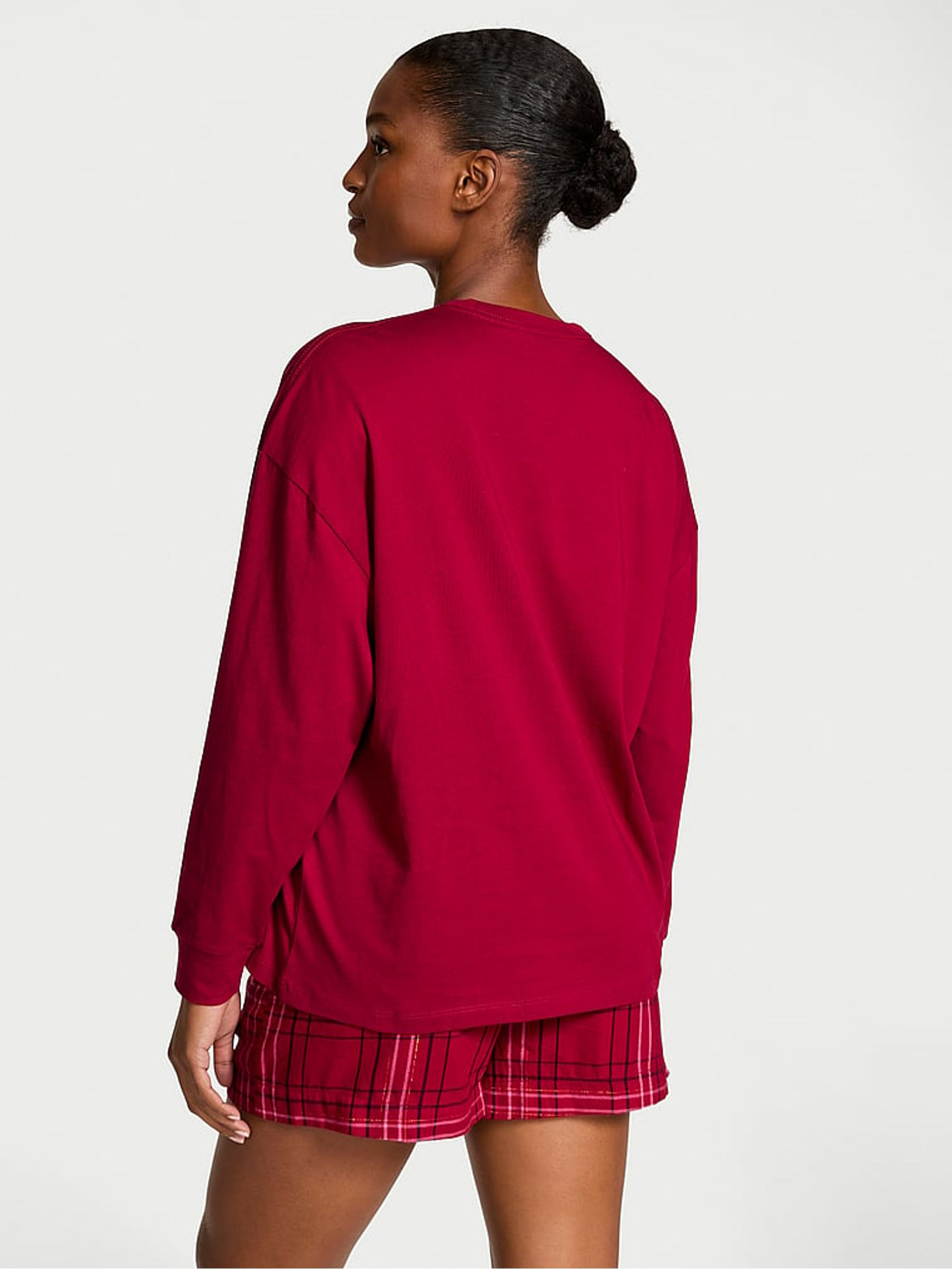 Red Lacquer Christmas Tartan Flannel Long Sleeve Short Pyjamas Set | Victoria's Secret UK