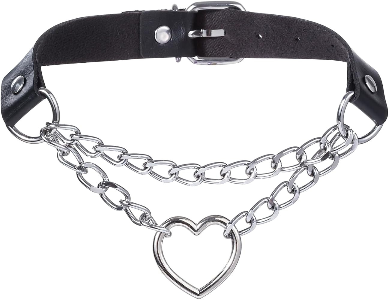 FM FM42 PU Simulated Leather Gothic Punk Black-tone Silver-tone Heart Ring Cuban Curb Link Chain ... | Amazon (US)