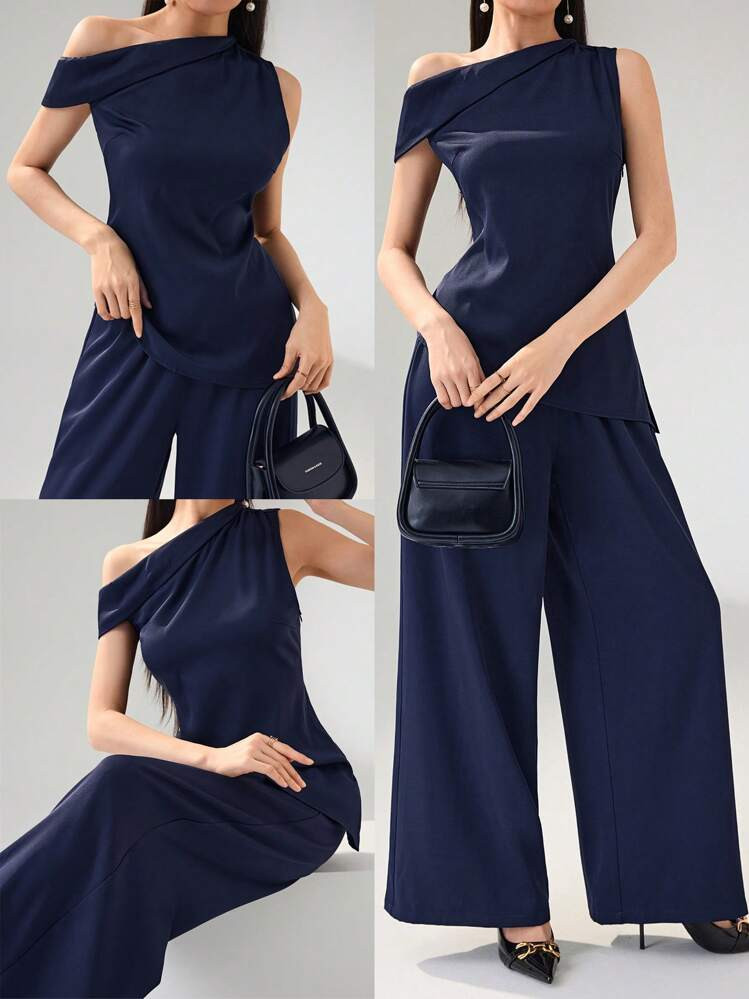 Heiryn Women 2pcs Commuter Casual Oblique Shoulder Top And Pants Set | SHEIN