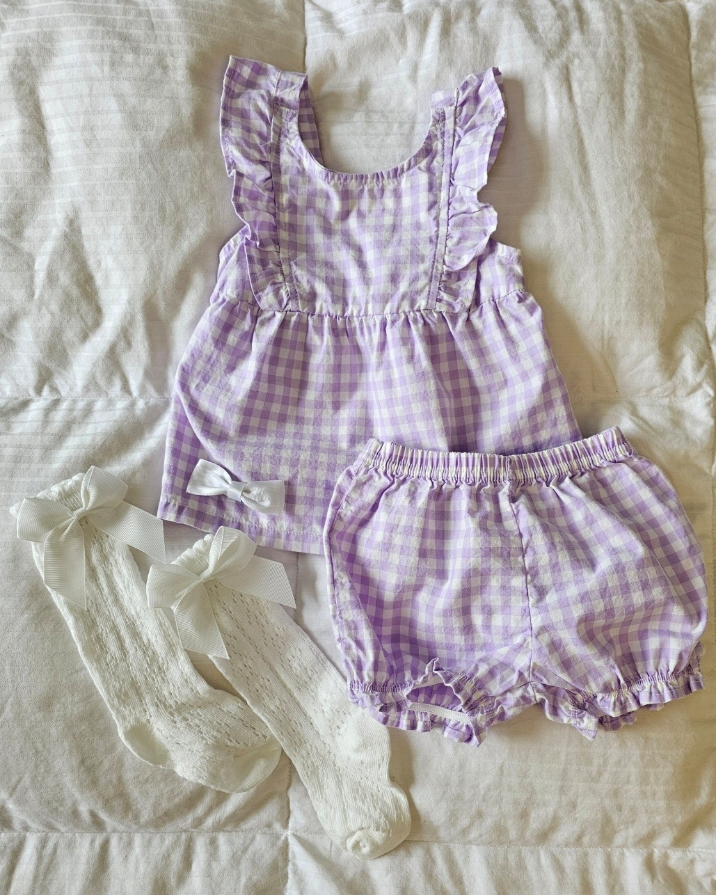 Gingham violet summer top and bloomers, knee bow socks, white bow clip

#LTKootd #LTKBaby #LTKgrwm