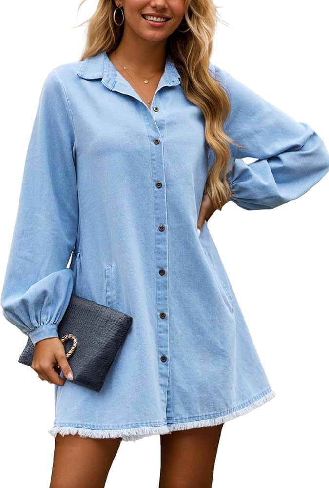 Zilcremo Women's Button Down Babydoll Denim Dress Long Sleeve Jean Shirt Dress with Pockets | Amazon (US)