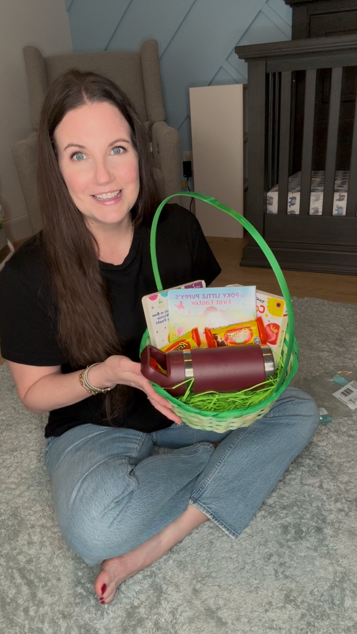 Easter basket for toddler / easy Easter basket ideas for 2 year old / Easter board book / maroon yeti kids tumbler / toddler board books / what to put in toddlers Easter basket / green Easter basket / simple Easter basket ideas / last minute Easter basket ideas / watch now