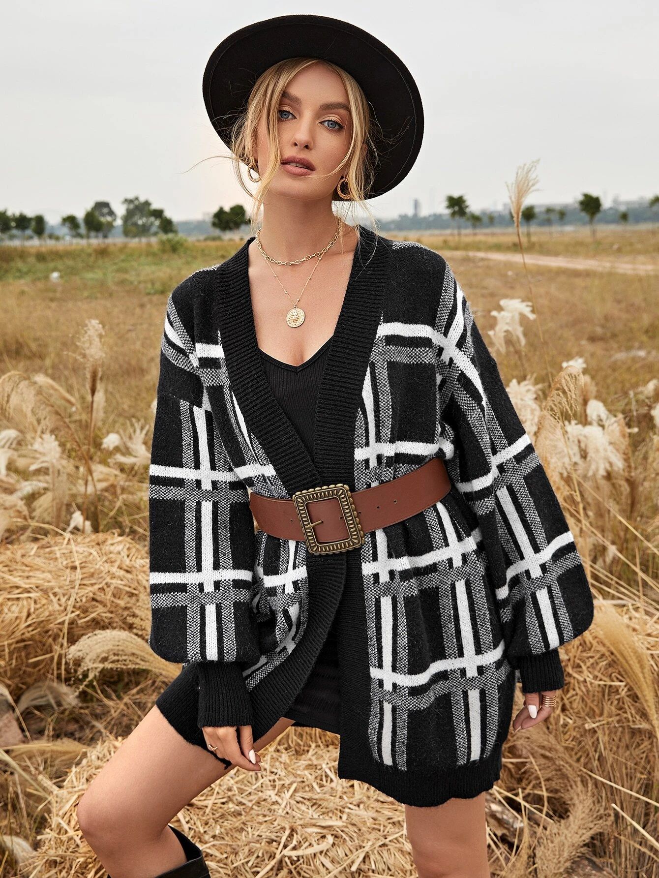 Open Front Plaid Oversized Cardigan Without Belt | SHEIN