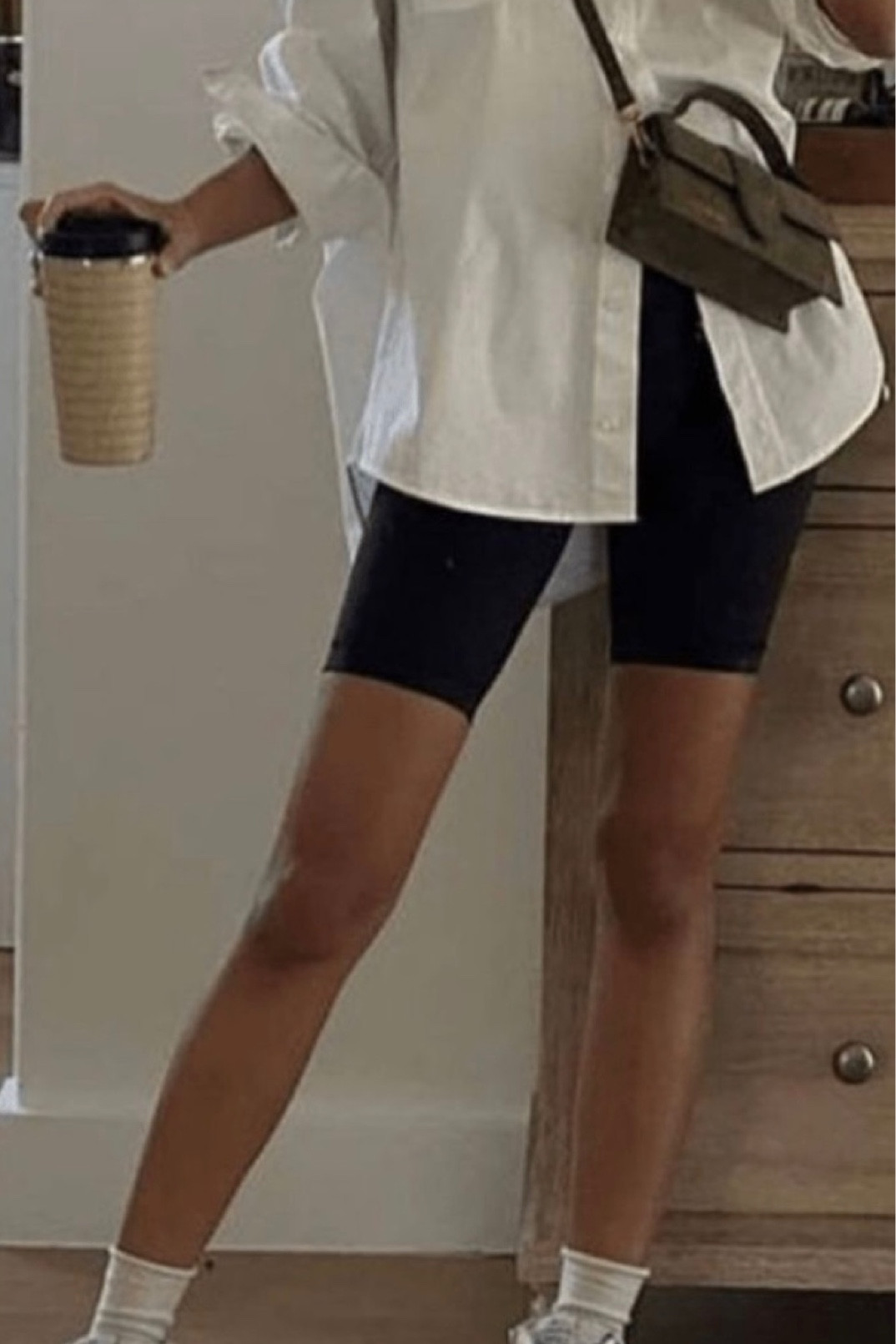 Casual outfit date night outfit biker shorts white top black shorts pants coffee date white socks white tennis shoes button down shirt black bag purse accessories jewelry dressy outfit ootd deal sale gold silver 


#LTKitbag #LTKSeasonal #LTKstyletip