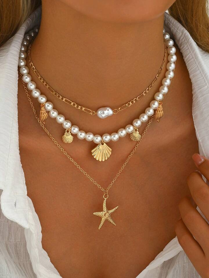 3pcs/Set Faux Pearl, Tassel, Metal Chain, Necklace Set - Ocean, Starfish, Beach Inspired Multilayer Design For Women, Suitable For Daily Wear | SHEIN