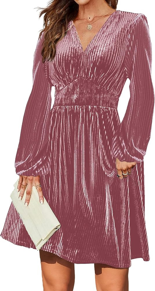 Zeagoo Womens Velvet Dress Sexy V-Neck Long Sleeve Stretch Mini Party Cocktail Flared Dress | Amazon (US)