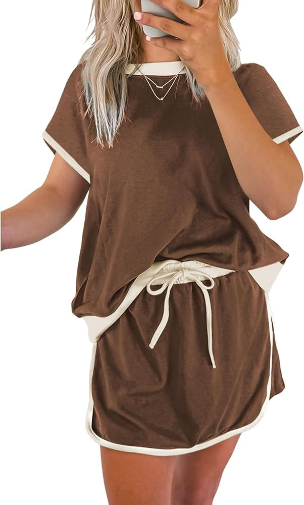 SELINK Lounge Sets for Women 2 Piece Skirt Colorblock Drop Shoulder T Shirt and Skort Set Summer ... | Amazon (US)