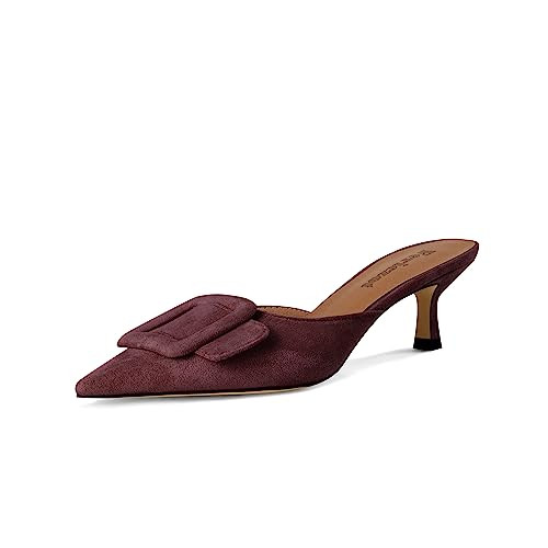 Fericzot Mule Slippers for Women,Slingback Buckle Pumps Pointed Toe Kitten Heels Shoes Slides Backless Dress Sandals Burgundy 11 | Amazon (US)
