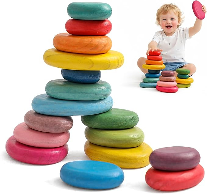 OESSUF Extra-Large Stacking Rocks for Toddlers 1-3, 16 PCS Wooden Montessori Toys, Safe Smooth Ju... | Amazon (US)