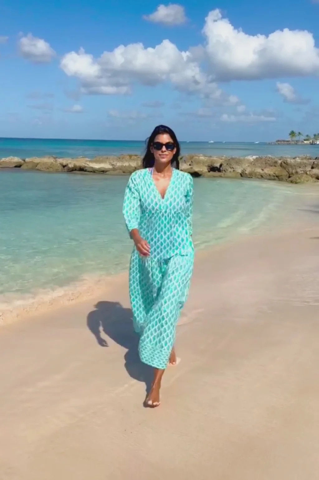 Mykonos Organic Cotton Maxi Beach Dress | Palm White/Turquoise | Aspiga US