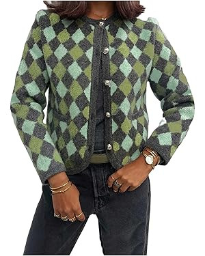 WDIRARA Women's Checkered Cardigan Sweaters Long Sleeve Button Up Plaid Knit Top Outerwear | Amazon (US)