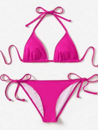 Swim Basics Summer 2025 Simple Solid Color Bikini Swimwear Set For Beach Vacation | SHEIN