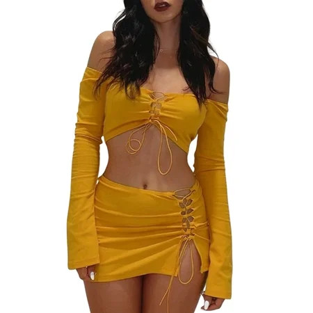 Women’s T-shirt Skirt Suit Ladies Female Slim Tie-up Hollow Out Long Sleeve Crop Tops Tight Skirt Ma | Walmart (US)