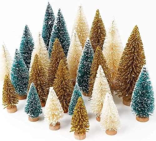 AerWo 24Pcs Mini Christmas Trees Bottle Brush Trees with Wood Base, Christmas Village Trees for Tabletop Christmas Decor Holiday Winter Decorations | Amazon (US)
