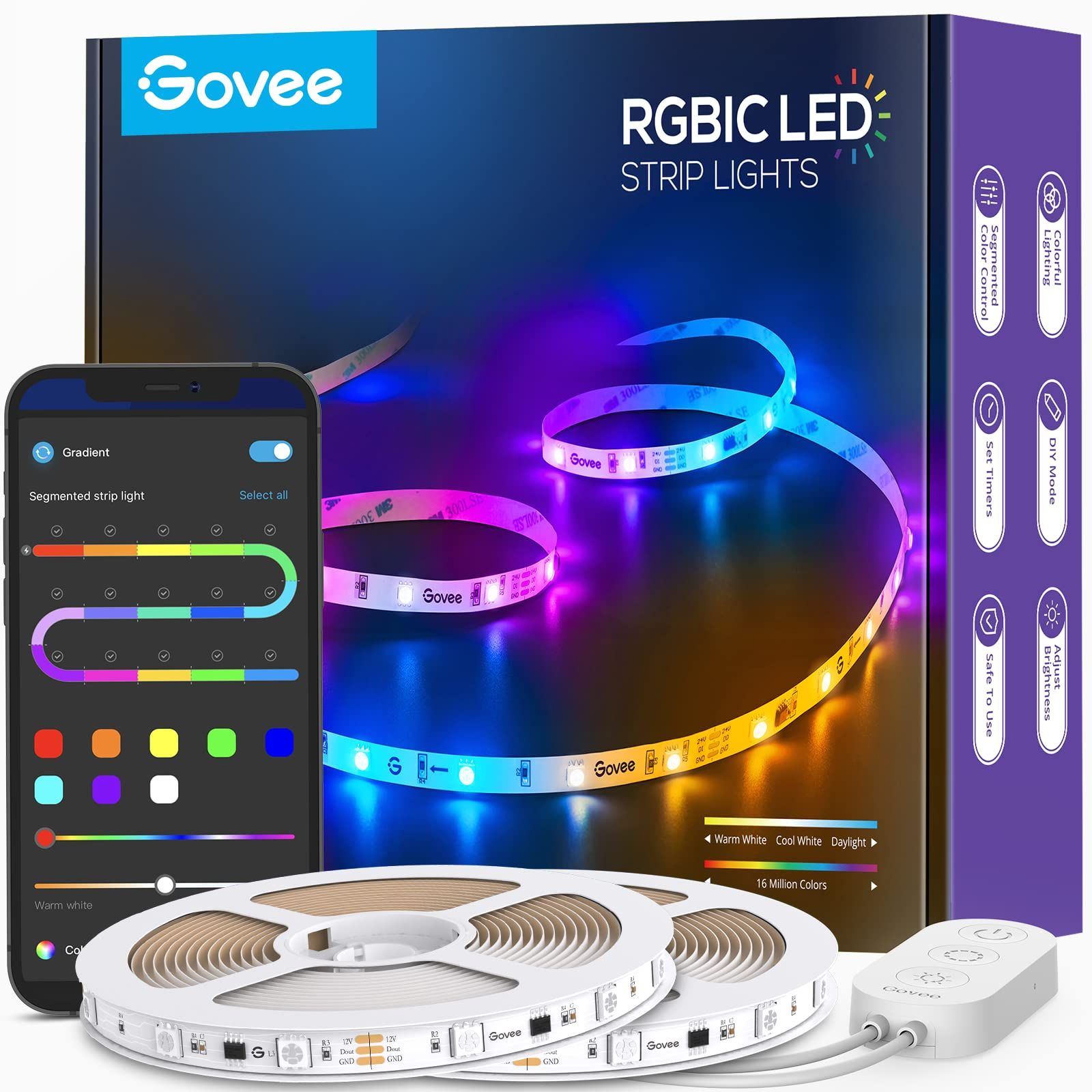 Govee 65.6ft RGBIC LED Strip Lights, Color Changing LED Strips, App Control via Bluetooth, Smart ... | Amazon (US)