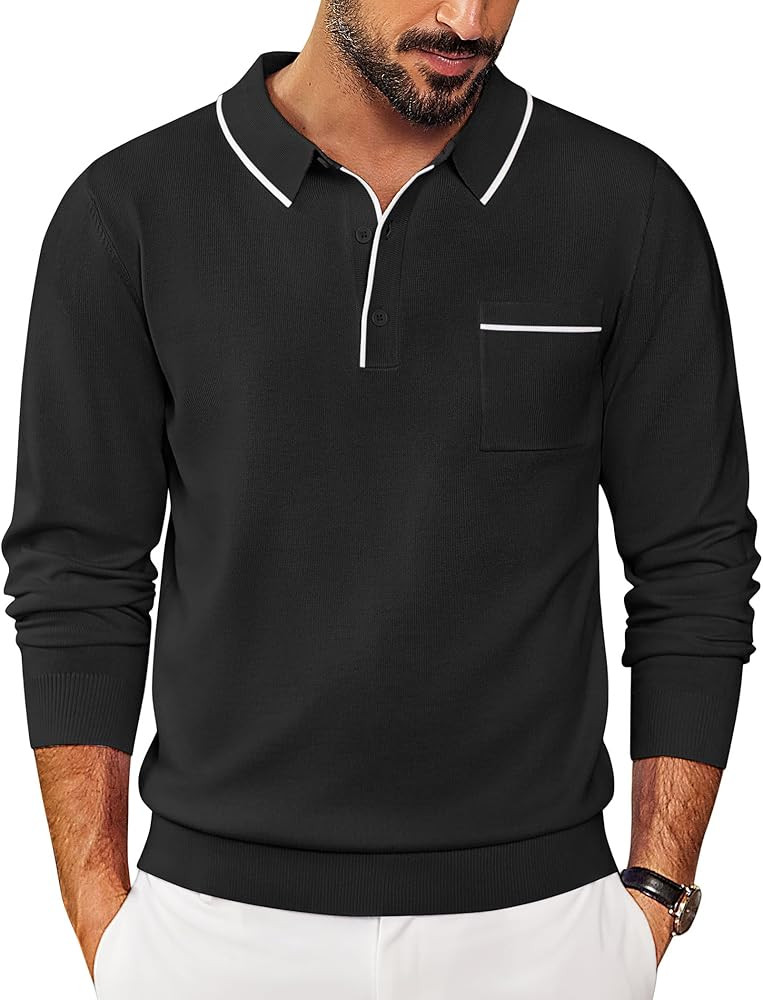 COOFANDY Mens Knit Polo Long Sleeve Collared Sweater Polo Business Casual Polos with Pocket | Amazon (US)