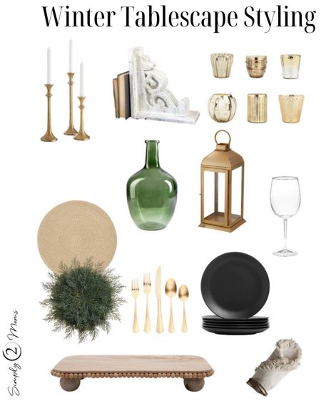 Everything you need to style a beautiful winter tablescape. Gold candles for ambient lighting. Neutral placemat with faux cedar chargers and black dishes create a natural casual vibe. Evergreen clippings can be added to a glass bottle vase. #winterhomedecor #tablescapestyling #goldhomeaccents

#LTKhome #LTKSeasonal #LTKunder50