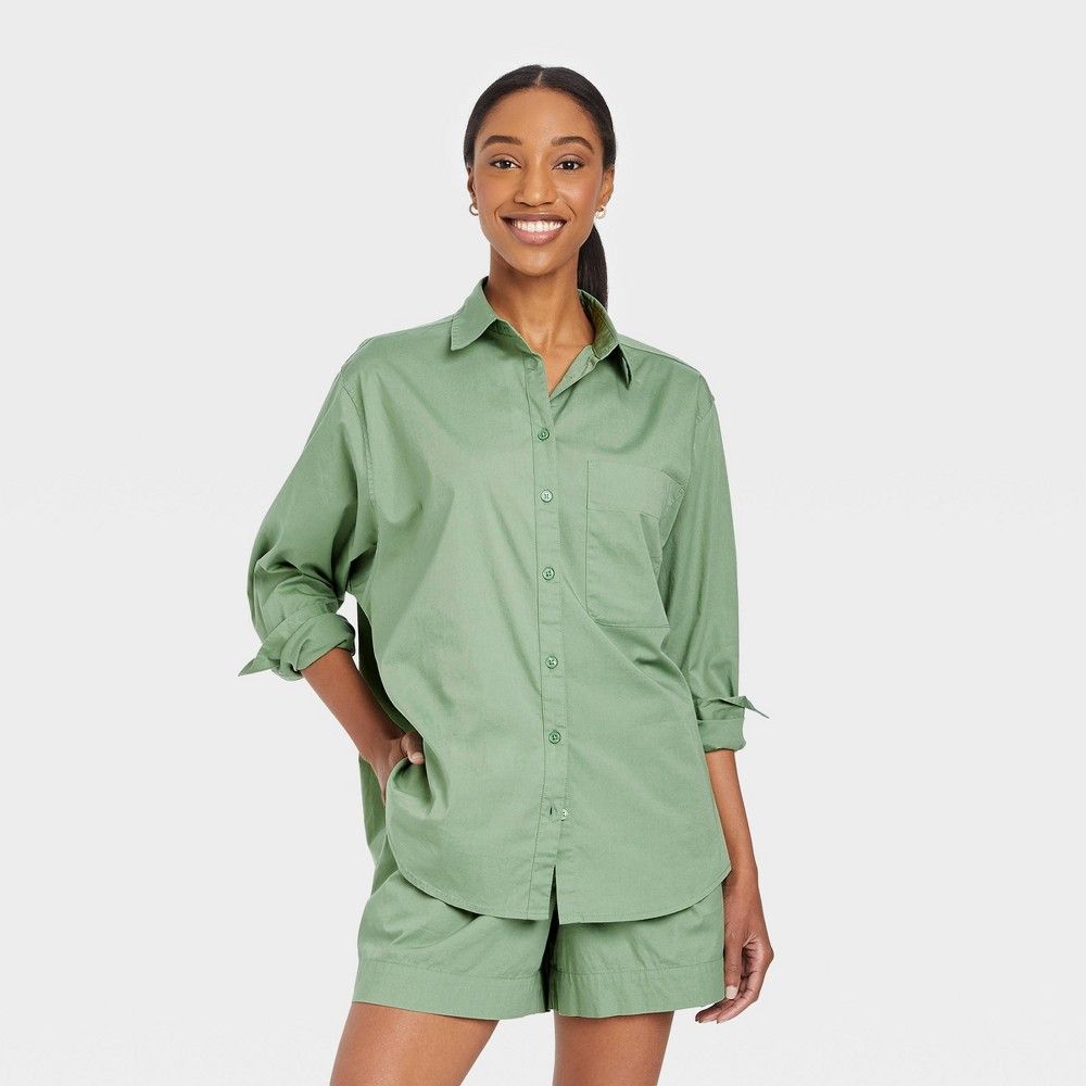 Women's Long Sleeve Oversized Button-Down Boyfriend Shirt - A New Day Olive Green XS | Target