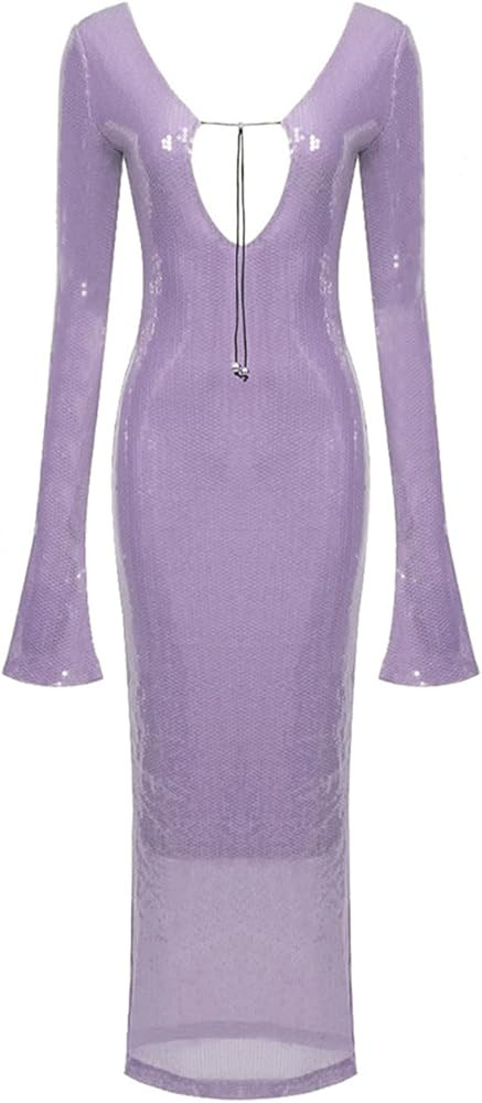 meilun Deep V Dress with Drawstring Long Sleeve Sequin Dress for Women Long Gown | Amazon (US)