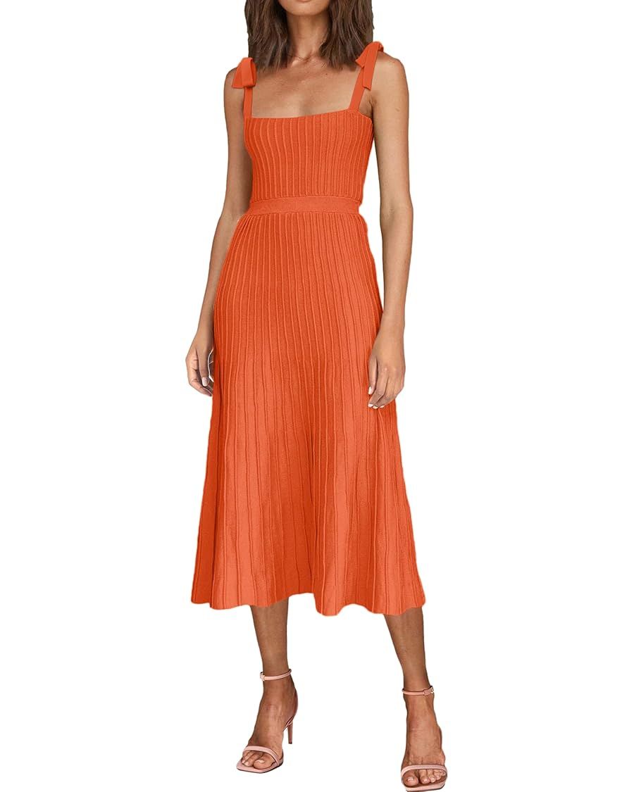 Women's 2024 Summer Maxi Dresses Tie Spaghetti Strap Square Neck Ribbed Knit Dress | Amazon (US)