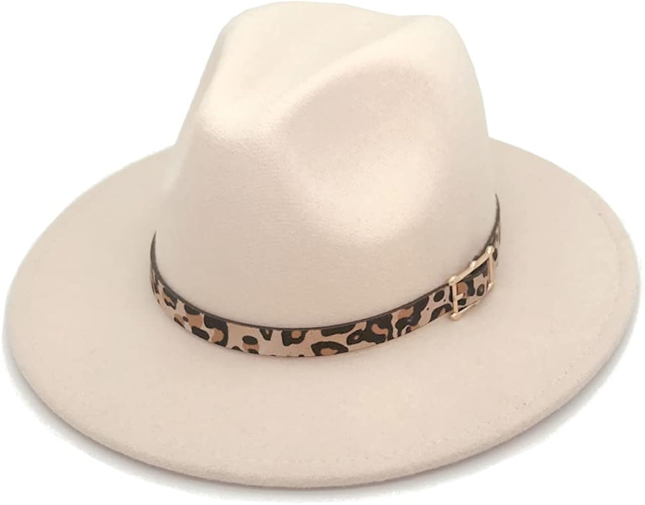 HUDANHUWEI Women's Wide Brim Felt Fedora Panama Hat with Leopard Belt Buckle | Amazon (US)