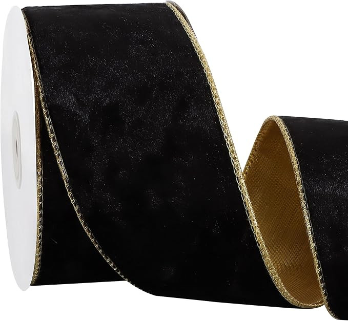 Black Velvet Wired Ribbon 2.5 Inch x 10 Yards Metallic Champagne Gold Crushed Velvet Christmas Ri... | Amazon (US)