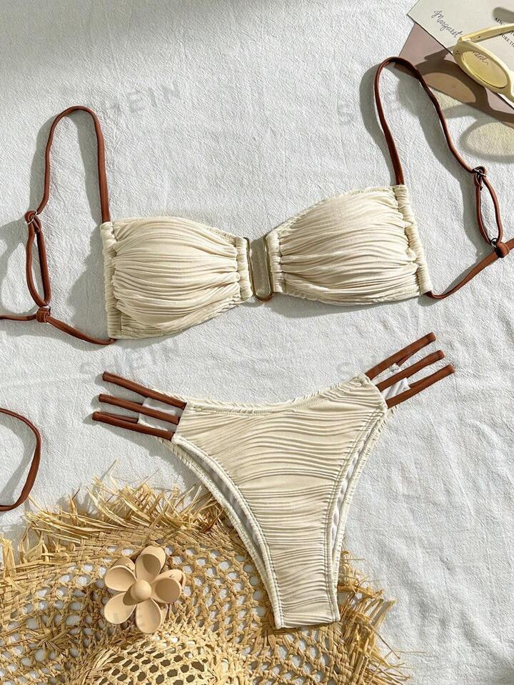 SHEIN Swim Vcay Women's Summer Beach Color-Blocked Ruched Hollow-Out Sexy Bikini Set | SHEIN