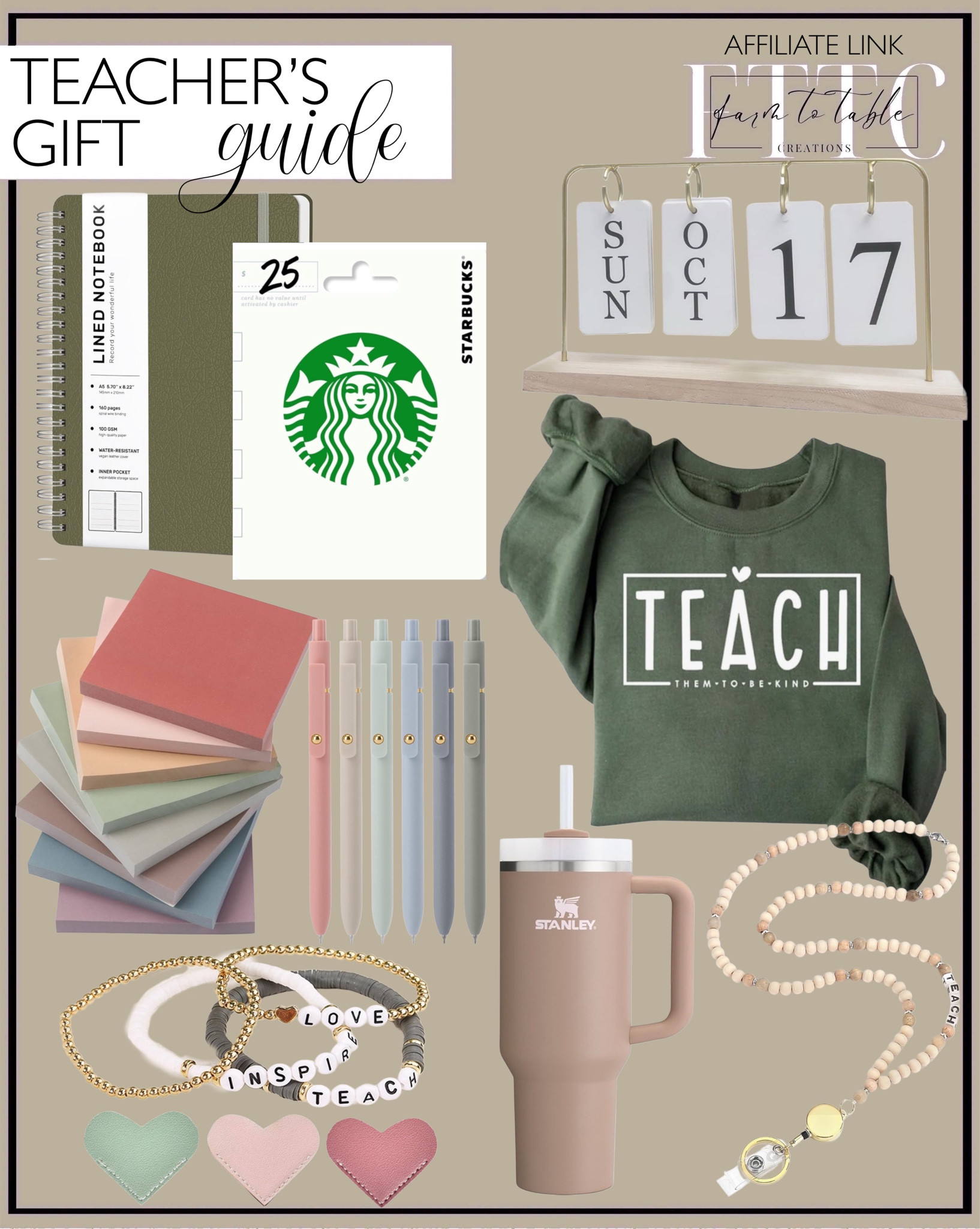 Teacher Gift Guide. Follow @farmtotablecreations on Instagram for more inspiration.

Gel pens. Sticky notes. Spiral notebook. Teacher lanyard. Stanley Tumbler. Perpetual desk calendar. Teacher sweatshirt. Leather bookmarks. Teacher appreciation stackable bracelets. Starbucks gift card. 

Gifts for teachers . Christmas gifts for teachers. Holiday gifts. Stocking Stuffers. Gift Guides for teacher appreciation. 

#LTKGiftGuide #LTKFindsUnder50 #LTKHoliday