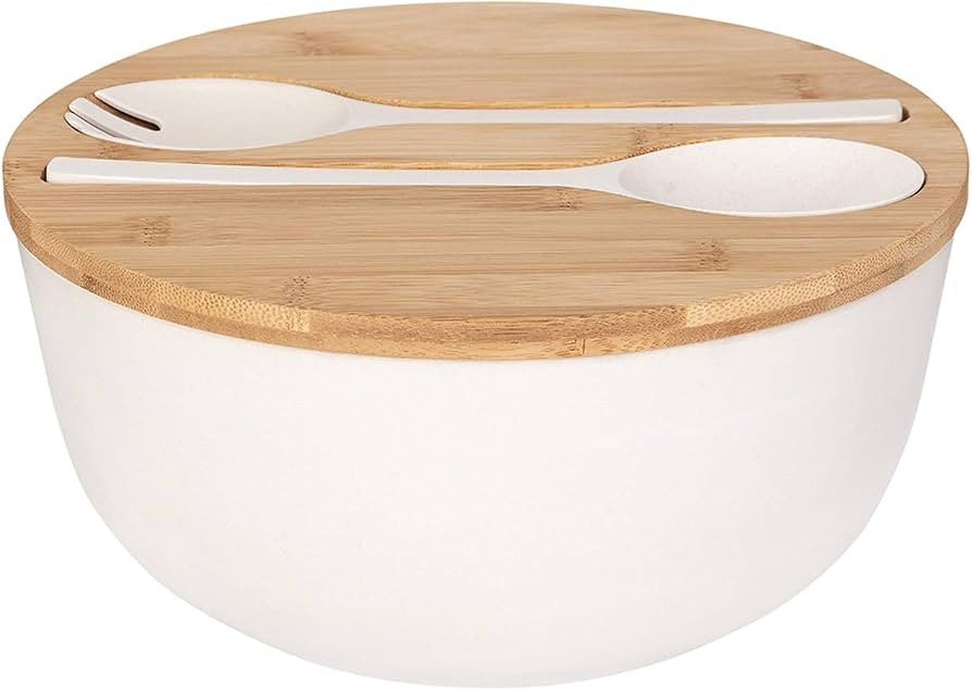 GEHE Bamboo Salad Bowl with Servers Set - Large 9.8 inches mixing bowls Solid Bamboo Salad Wooden... | Amazon (US)