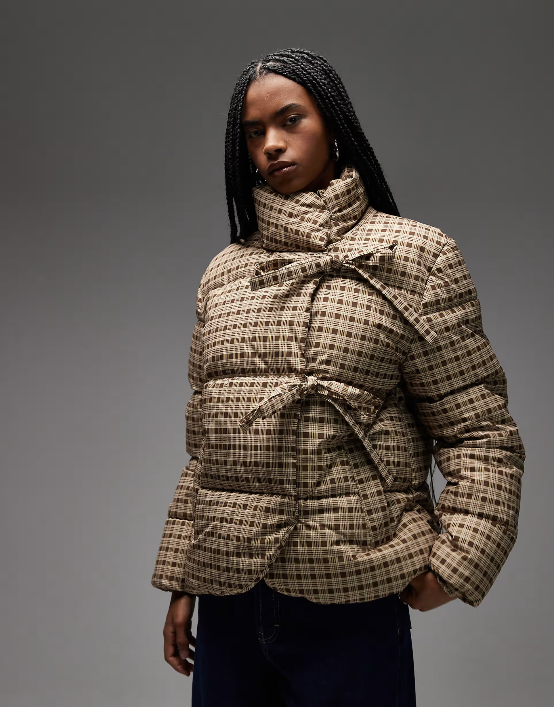 COLLUSION puffer coat with bow closure in brown plaid | ASOS | ASOS (Global)