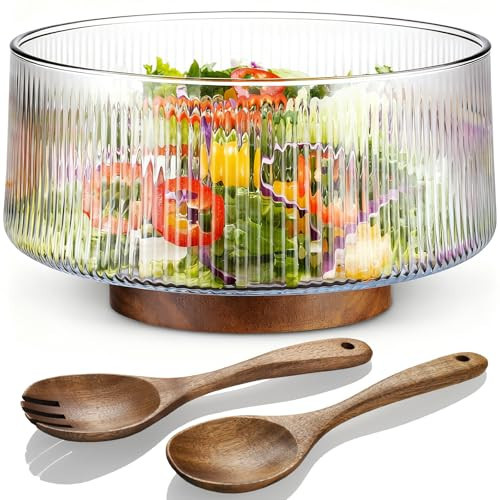 NiHome Extra Large Glass Salad Bowl with Natural Acacia Wood Base & Wooden Serving Utensils for Family Dinners, Parties, Gatherings, Multipurpose Oversized Glass Bowl for Salads(Separate-Piece Design) | Amazon (US)