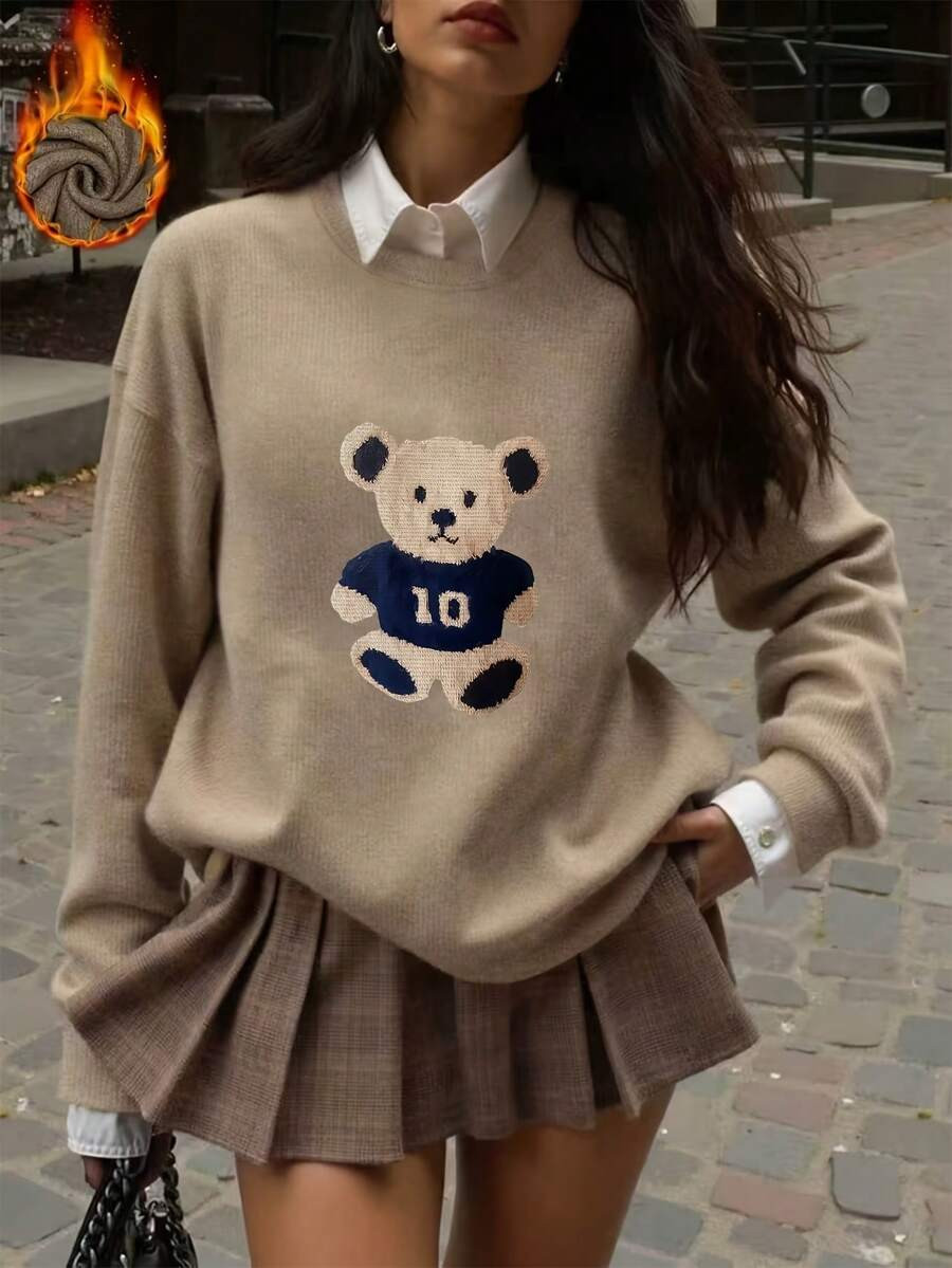 Cute Bear Printed Long-Sleeved Jumper, Casual, Warm, Comfortable And Skin-Friendly, Is The First ... | SHEIN