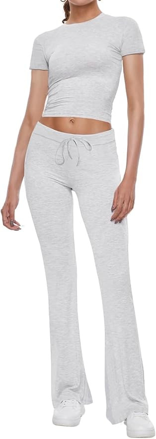 2 Piece Outfits Lounge Sets For Women Short Sleeve Crop Tops Flare Leg Pants Tracksuits Match Set... | Amazon (US)